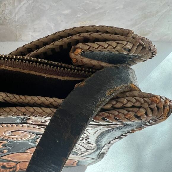 Vintage Handbag Handmade Black & Brown Leather Hand Tooled Floral - Picture 16 of 16